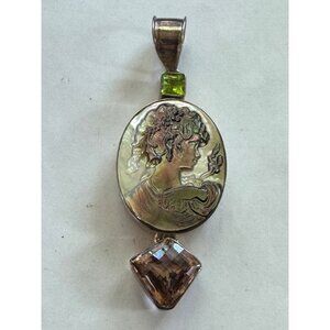 3.5 Inch Unbranded Sterling Silver Mother of Pearl Pendant w/ Green & Pink Gems